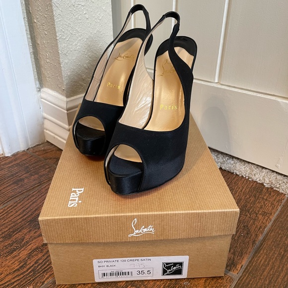 Christian Louboutin Black Crepe Satin Peep-toe platform slingbacks 35.5 - Picture 2 of 7